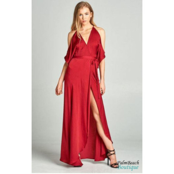 Aakaa Red Maxi Wrap Cold Shoulder Dress - Picture 4 of 4